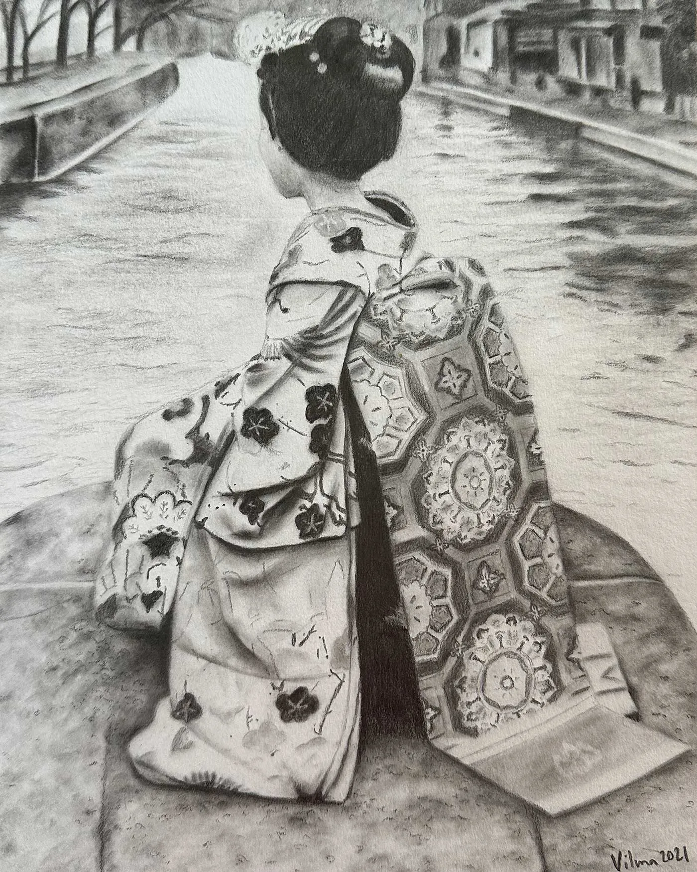 Drawing of a Japanese woman in a kimono