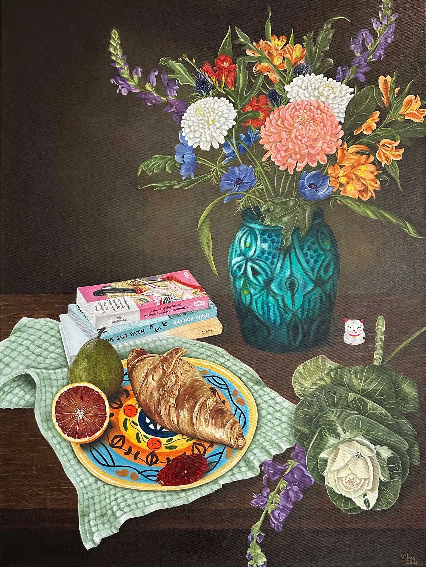 Still life painting with flowers and breakfast