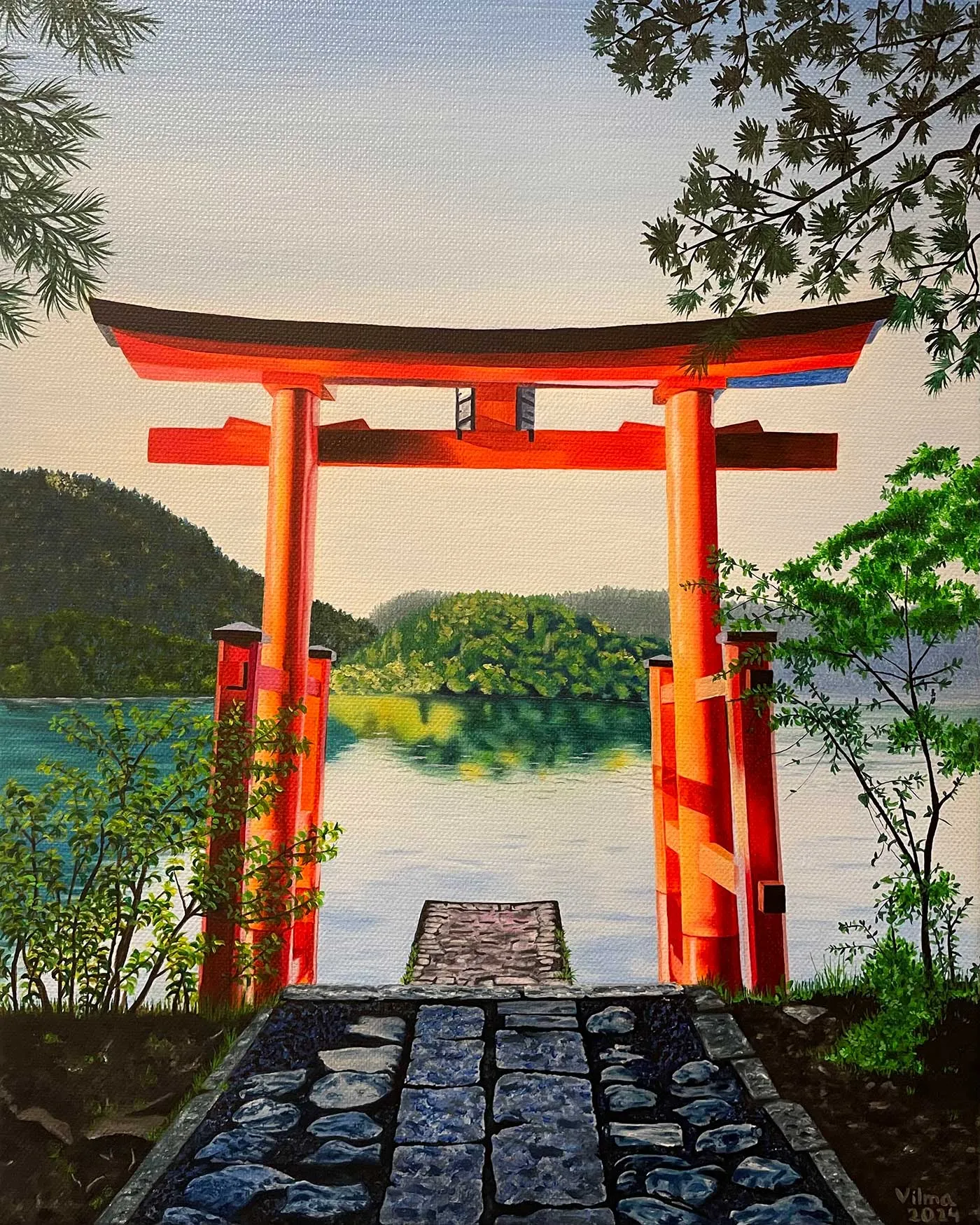 Painting of a torii gate by a lake