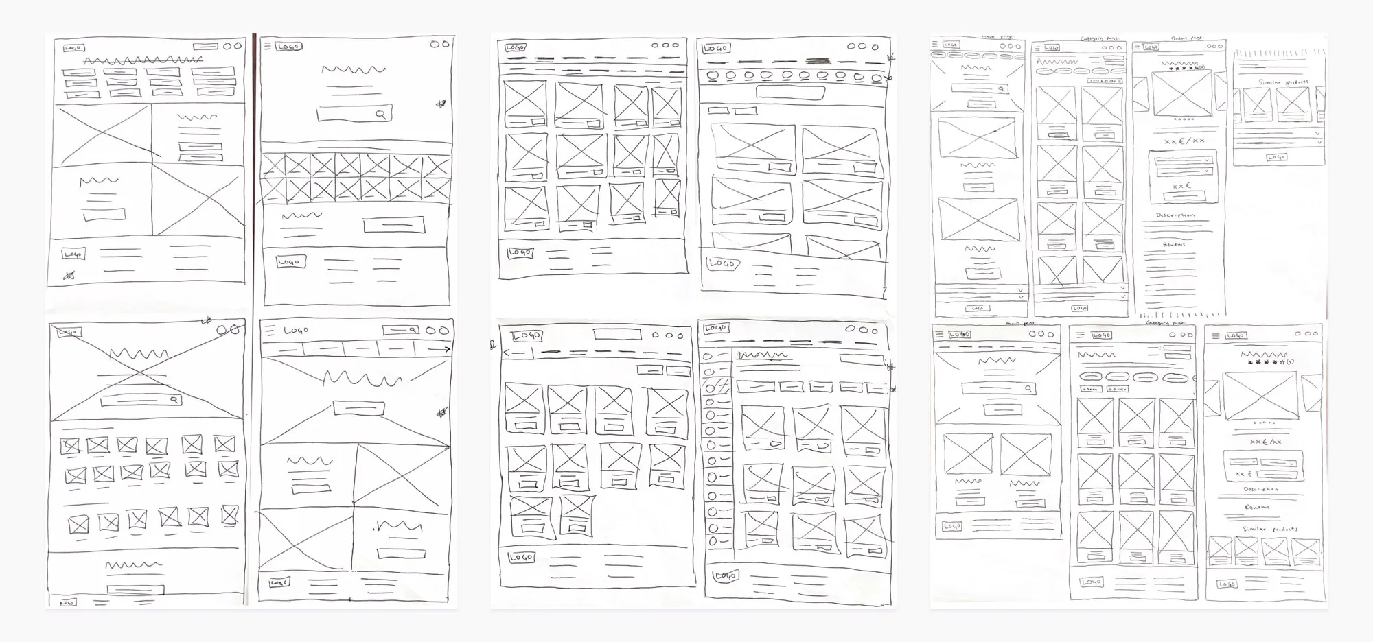 Paper wireframes for a rental website