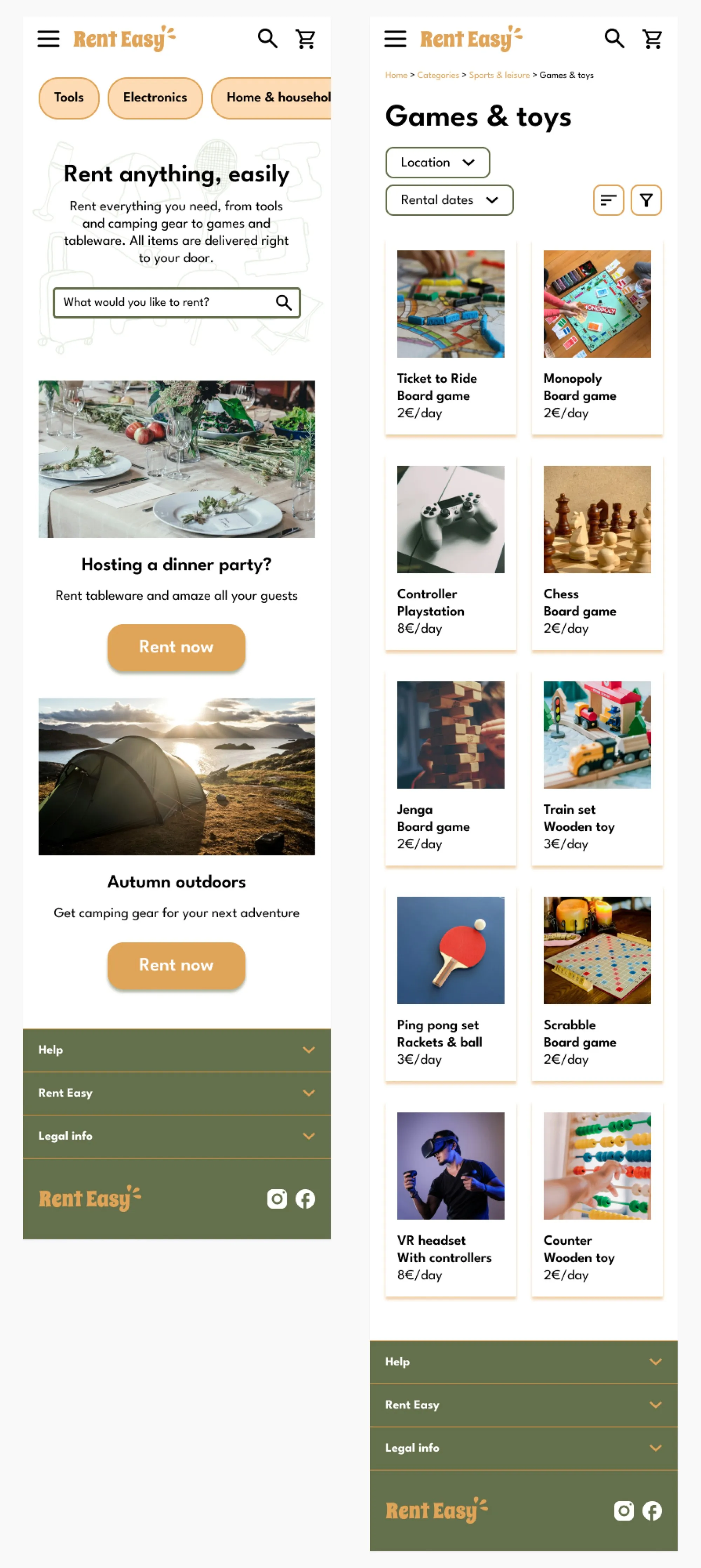 Rental website mockups for mobile