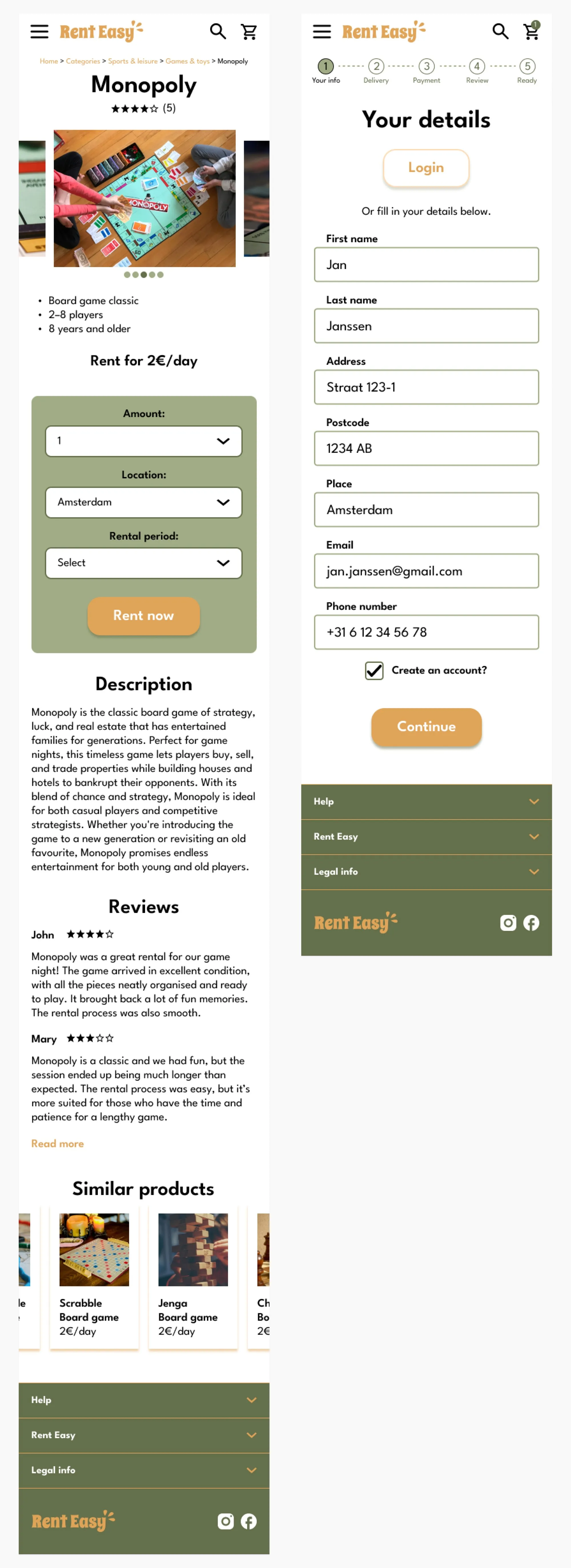 Rental website mockups for mobile