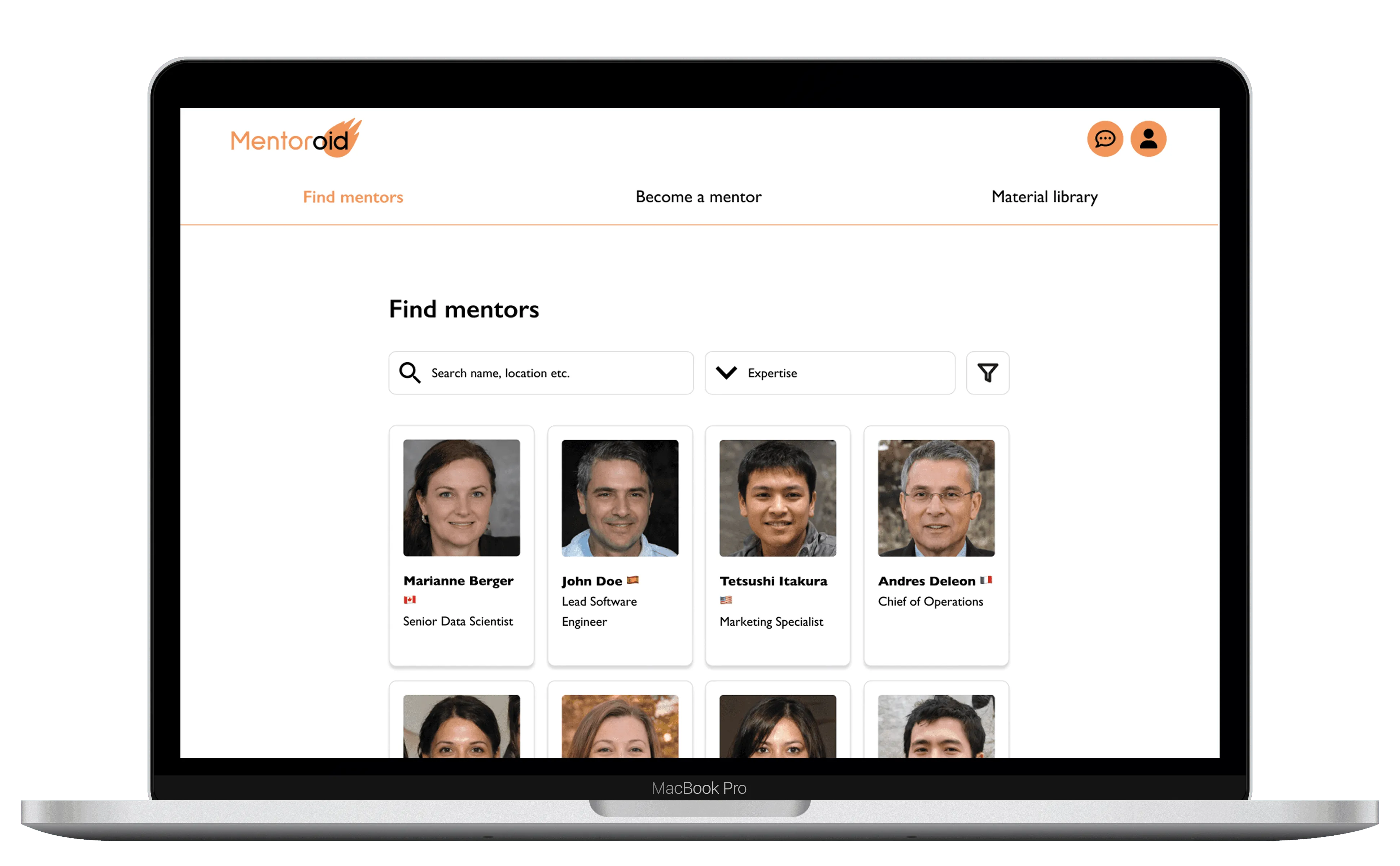 Find mentors page of the Mentoroid website on a laptop
