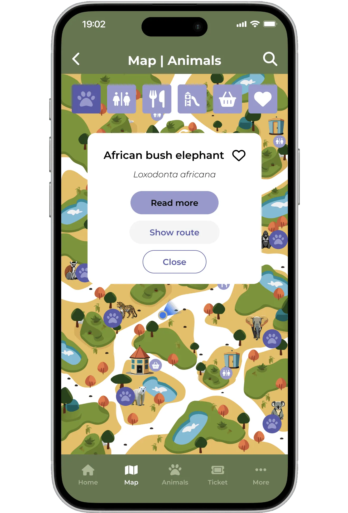 Zoo map screen with filter icons and an animal pop-up