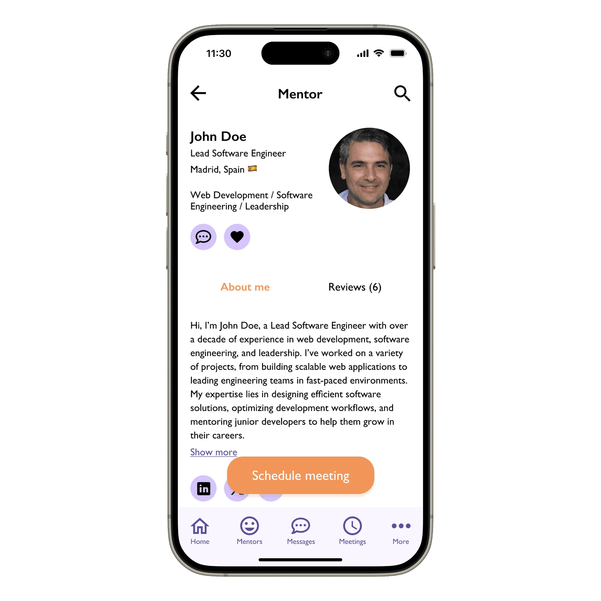 Mentor profile screen in the Mentoroid app with a Schedule meeting button