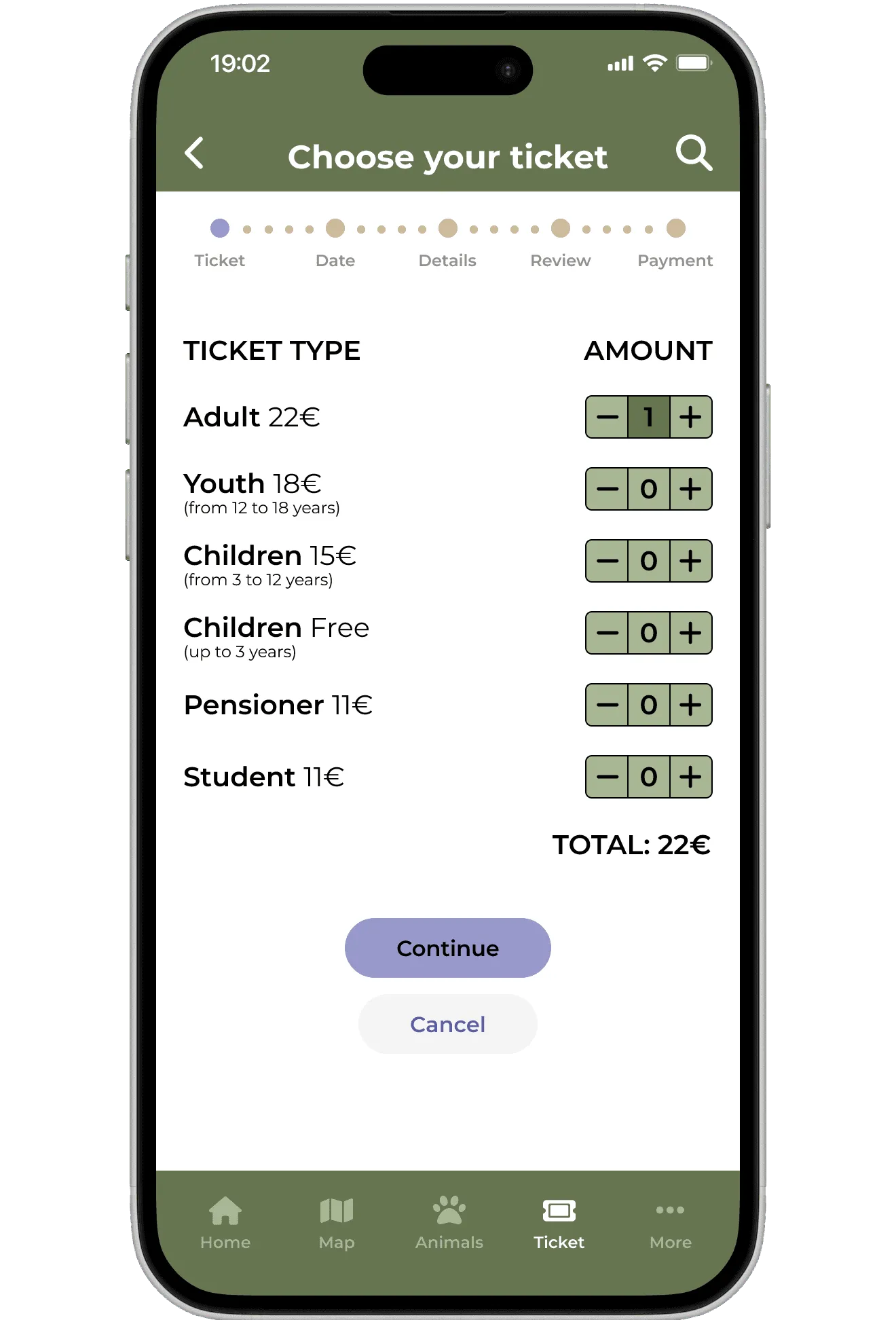 Choose your ticket screen with ticket types and amounts