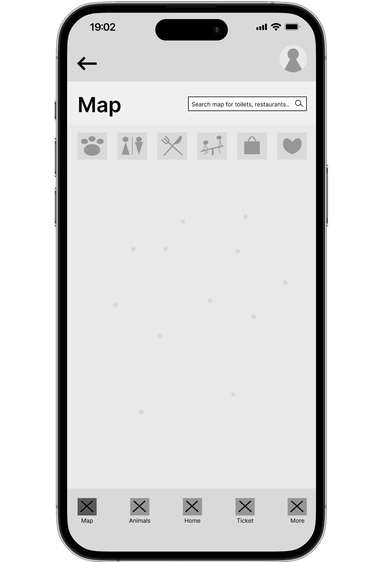 First version of the map: a wireframe with custom symbols