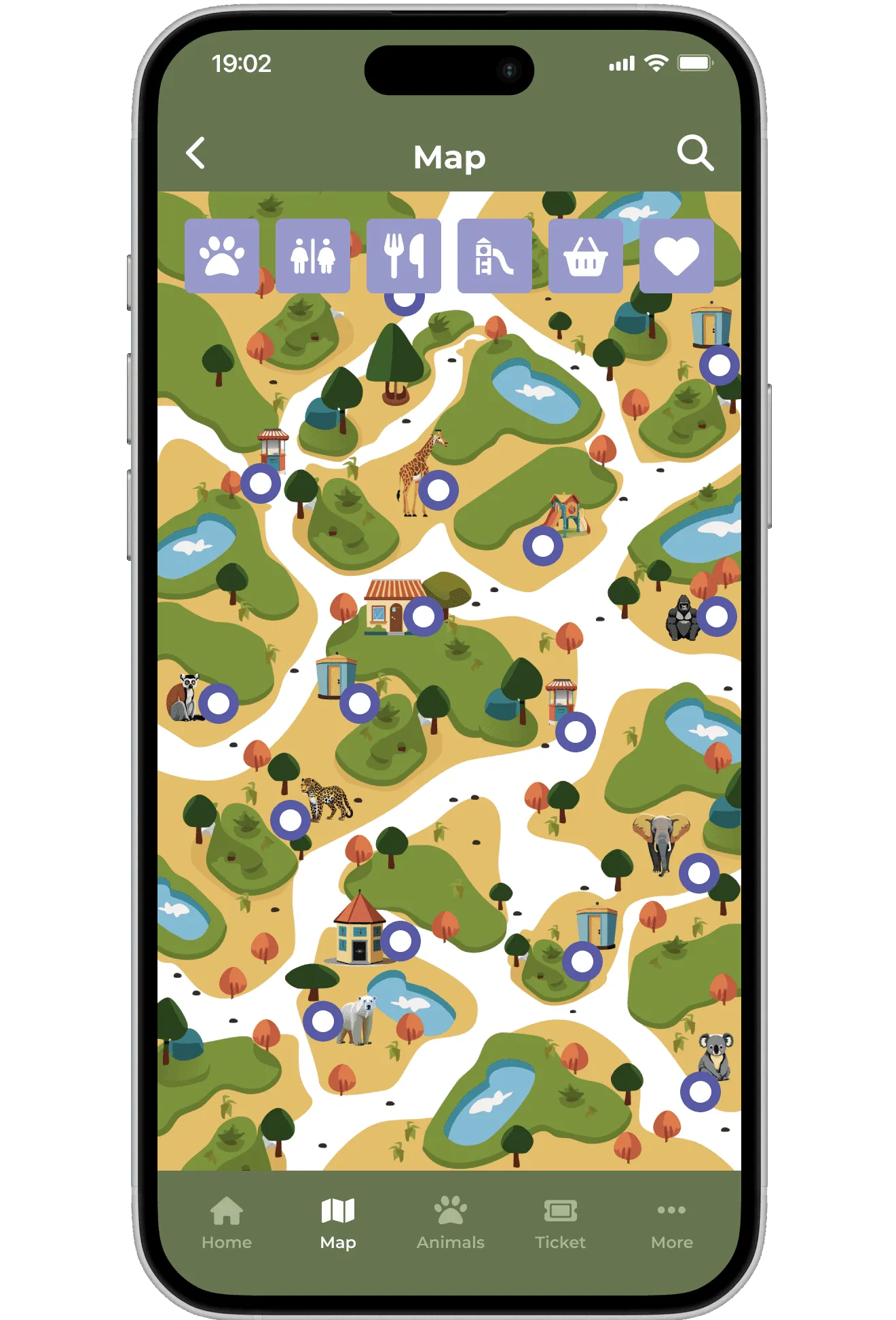 Second version of the map with universal icons and dots
