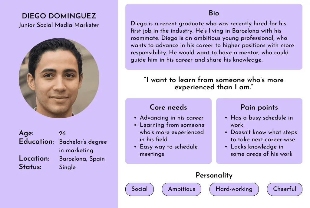 User persona: Diego Dominguez, a junior social media marketer