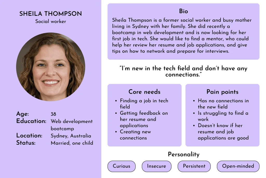 User persona: Sheila Thompson, a social worker moving into tech