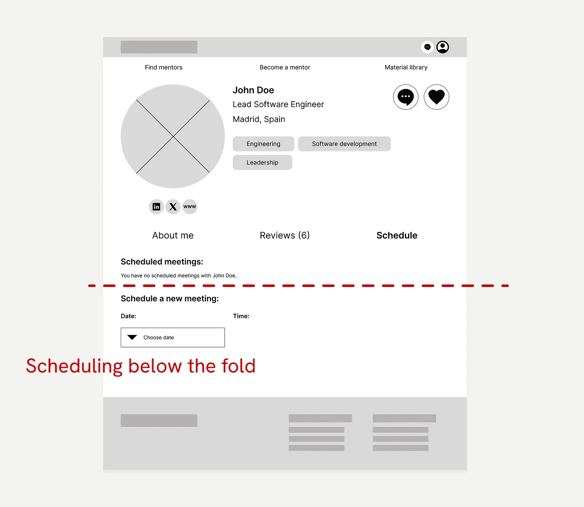 Desktop mentor profile before: scheduling below the fold