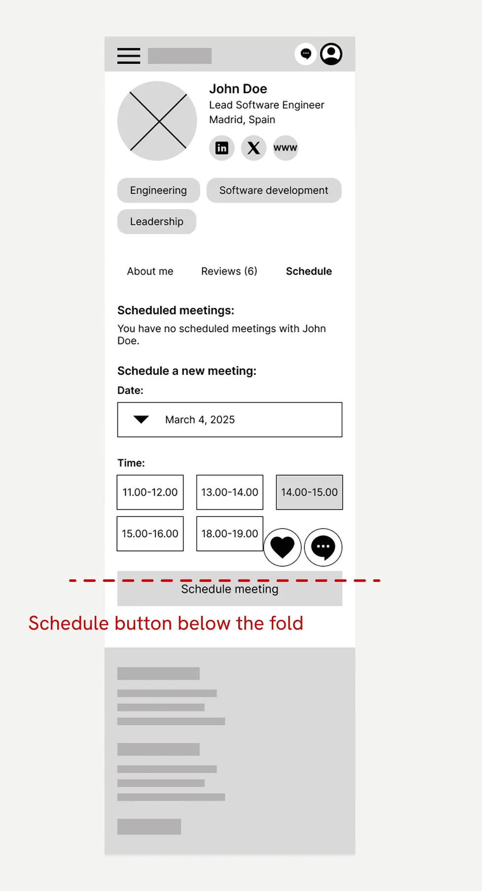 Mobile mentor profile before: Schedule meeting button below the fold