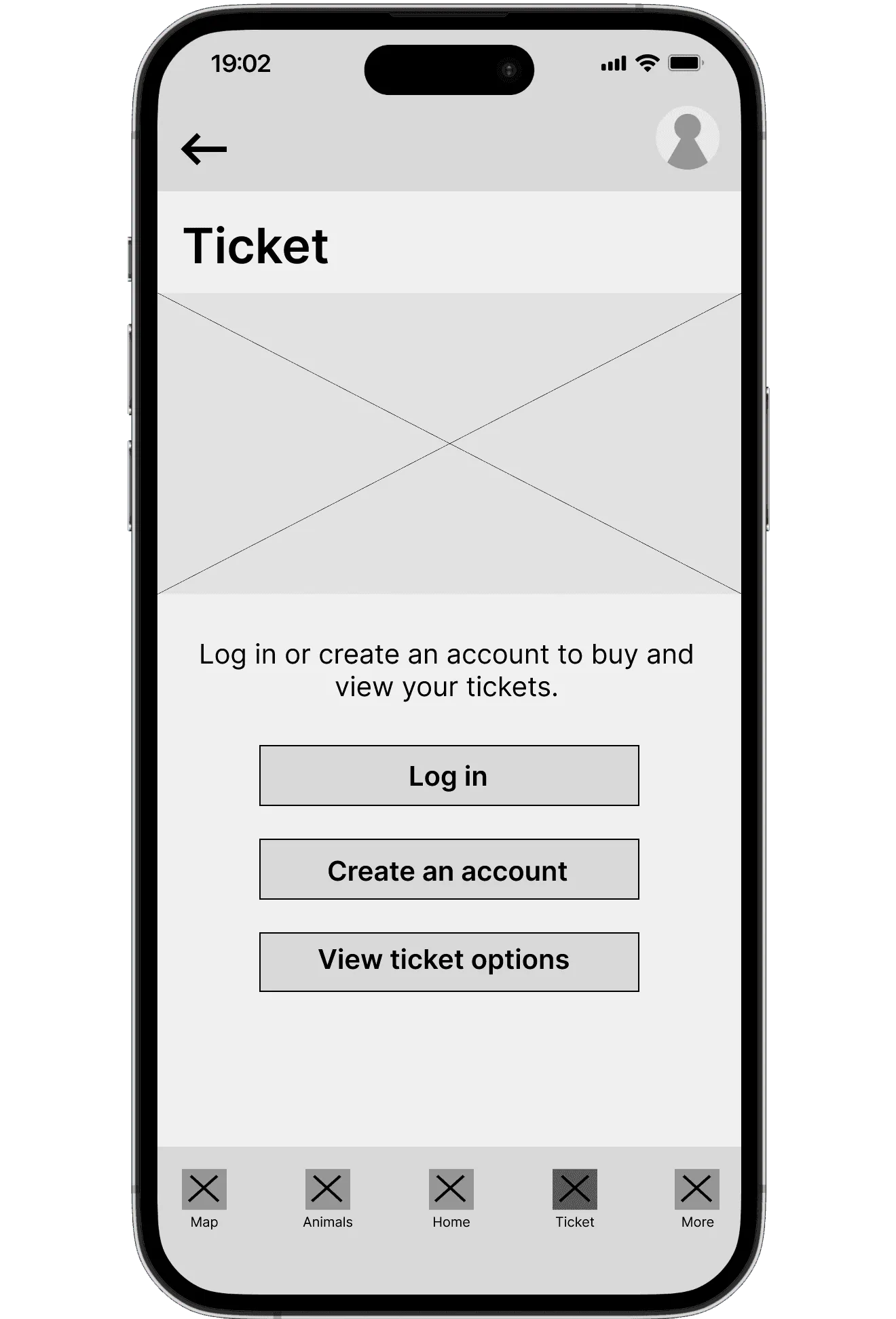 Ticket screen before: log in or create an account to buy tickets