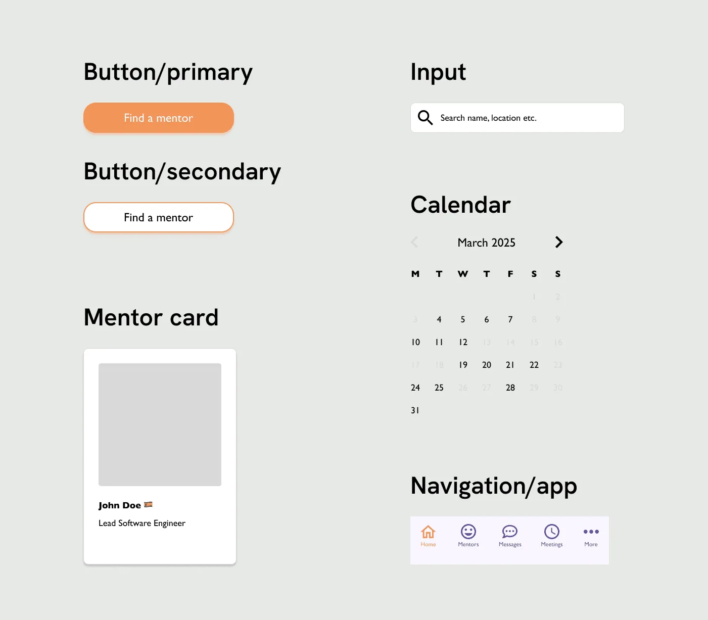 UI components: buttons, input, calendar, mentor card and app navigation